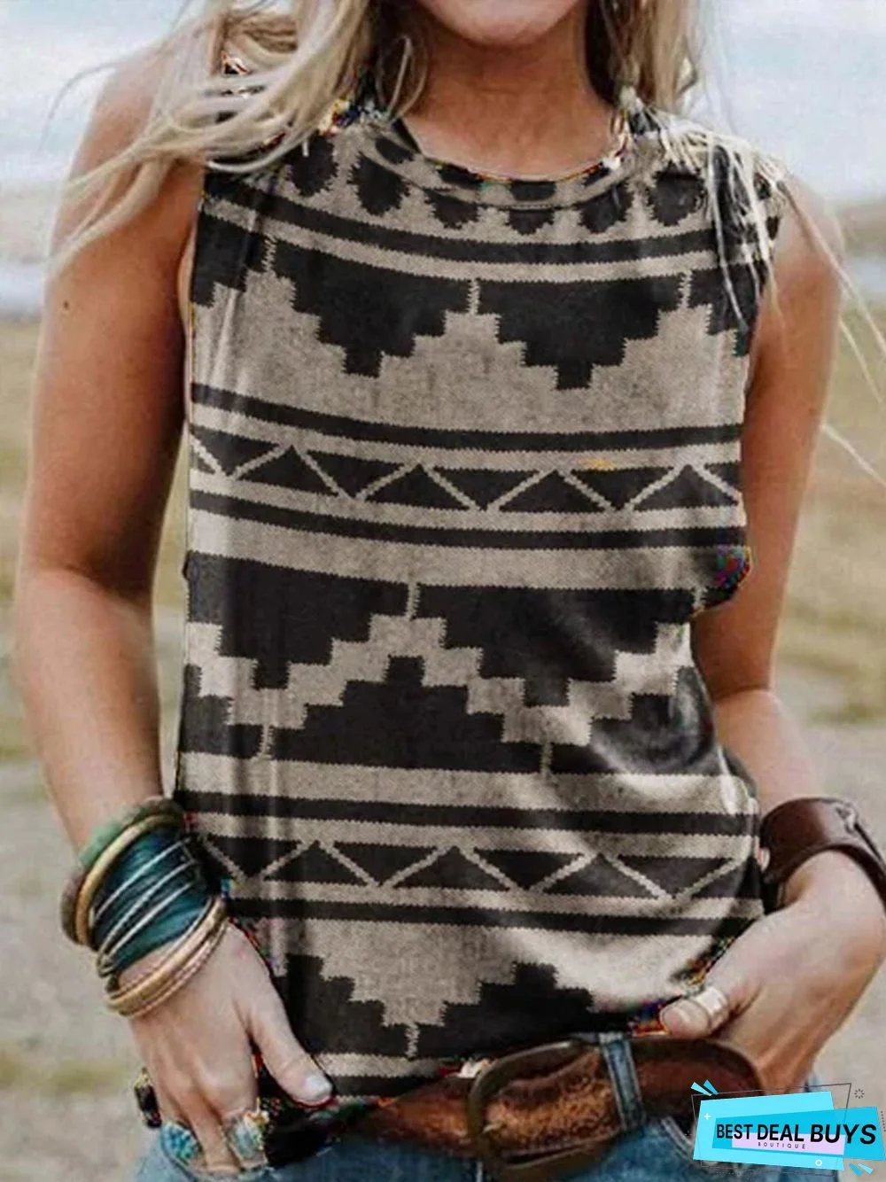 Printed Cotton-Blend Sleeveless Tribal Shirts & Tops