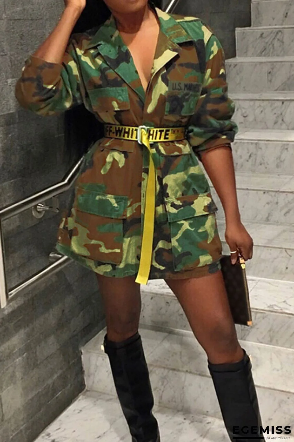Camo Casual Turndown Collar Single Breasted Blends Coat(Without Belt) | EGEMISS