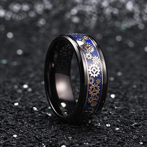 Black With Rose Gold Watch Gear Resin Inlay Design Over Blue Carbon Fiber Tungsten Rings For 6MM 8MM