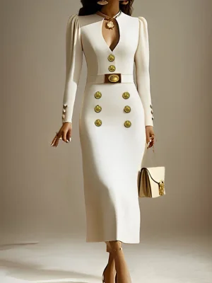 Image of Long Sleeves Puff Sleeves Buttoned Solid Color Deep V-Neck Midi Dresses