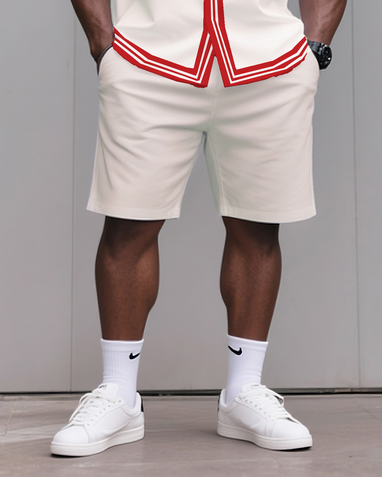Big & Tall Men's Daily Casual Creamy-white Red Edge Creative Floral Shirt Shorts Suit
