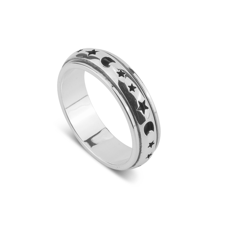 925 Sterling Silver / Stainless Steel Moon & Stars Spinning Anxiety Ring