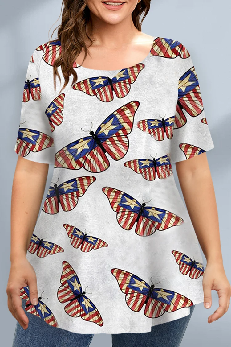 Flycurvy Plus Size Casual White Stars And Stripes Butterfly Print T-Shirt  Flycurvy [product_label]