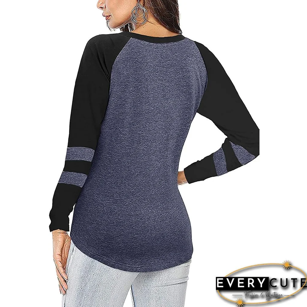 Navy Blue Color Contrast With 2 Lines Long Sleeve Tops