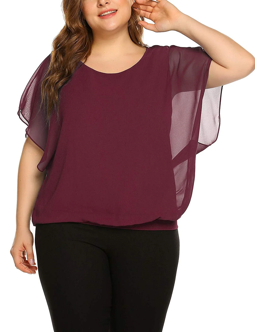 Plus Size Women Chiffon Blouse Batwing Sleeve Tops Scoop Neck Tunic Shirts