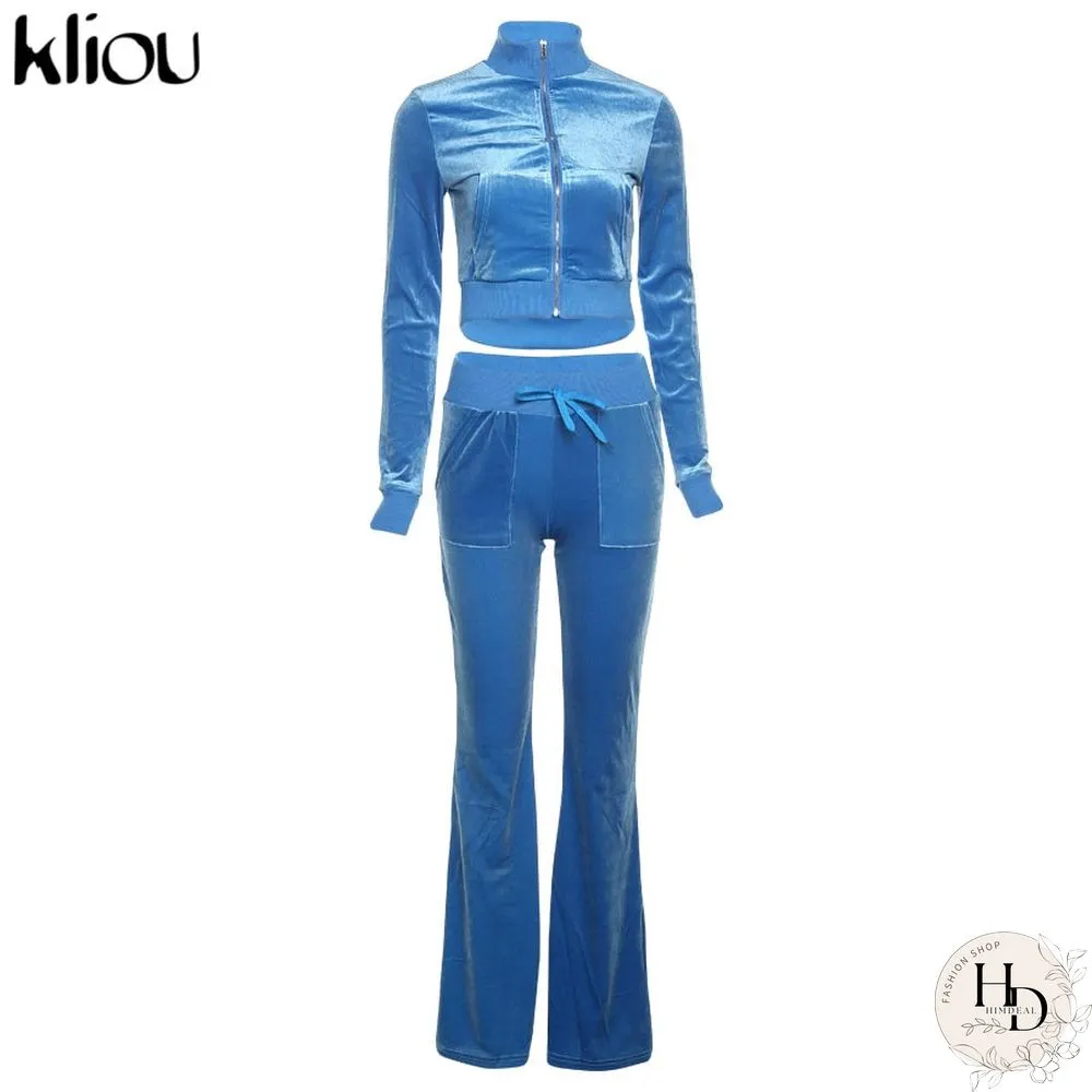 Kliou Solid Velour Two Piece Set Women Simple Casual Zipper Long Sleeve Turtleneck