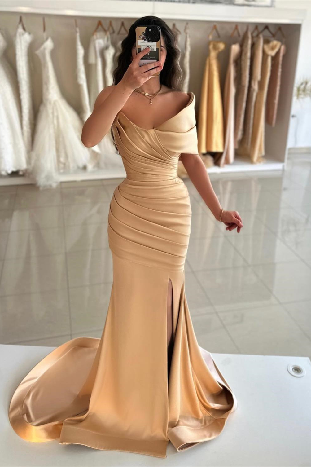 Bellasprom Champagne One Shoulder Mermaid Prom Dress With Split Pleats Bellasprom