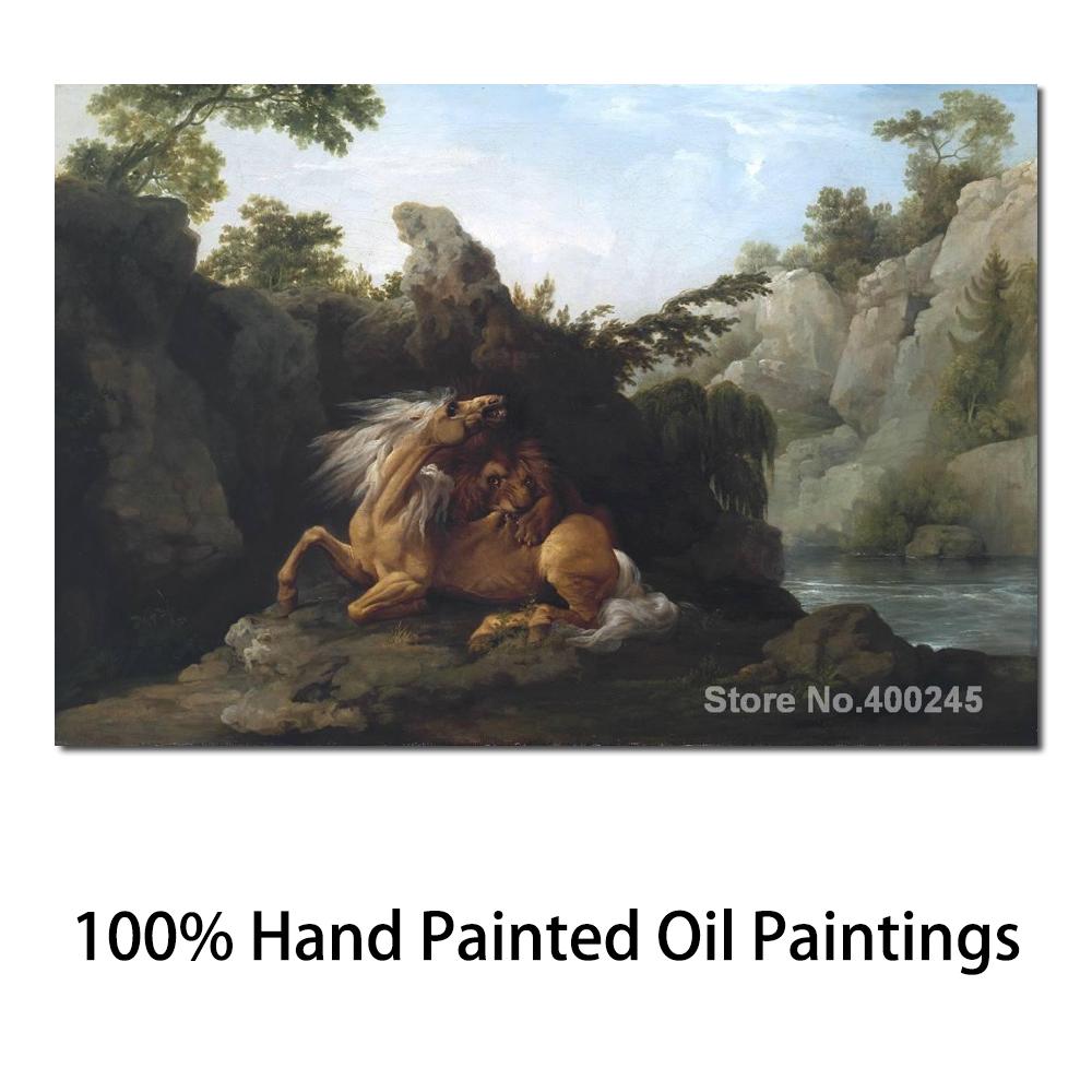 Cotton Tshirt Landscapes Paintings by George Stubbs Horse Devoured by A Lion Bedroom Decor  Handmade Classic Art on Canvas for Living Room t -shirt Tee