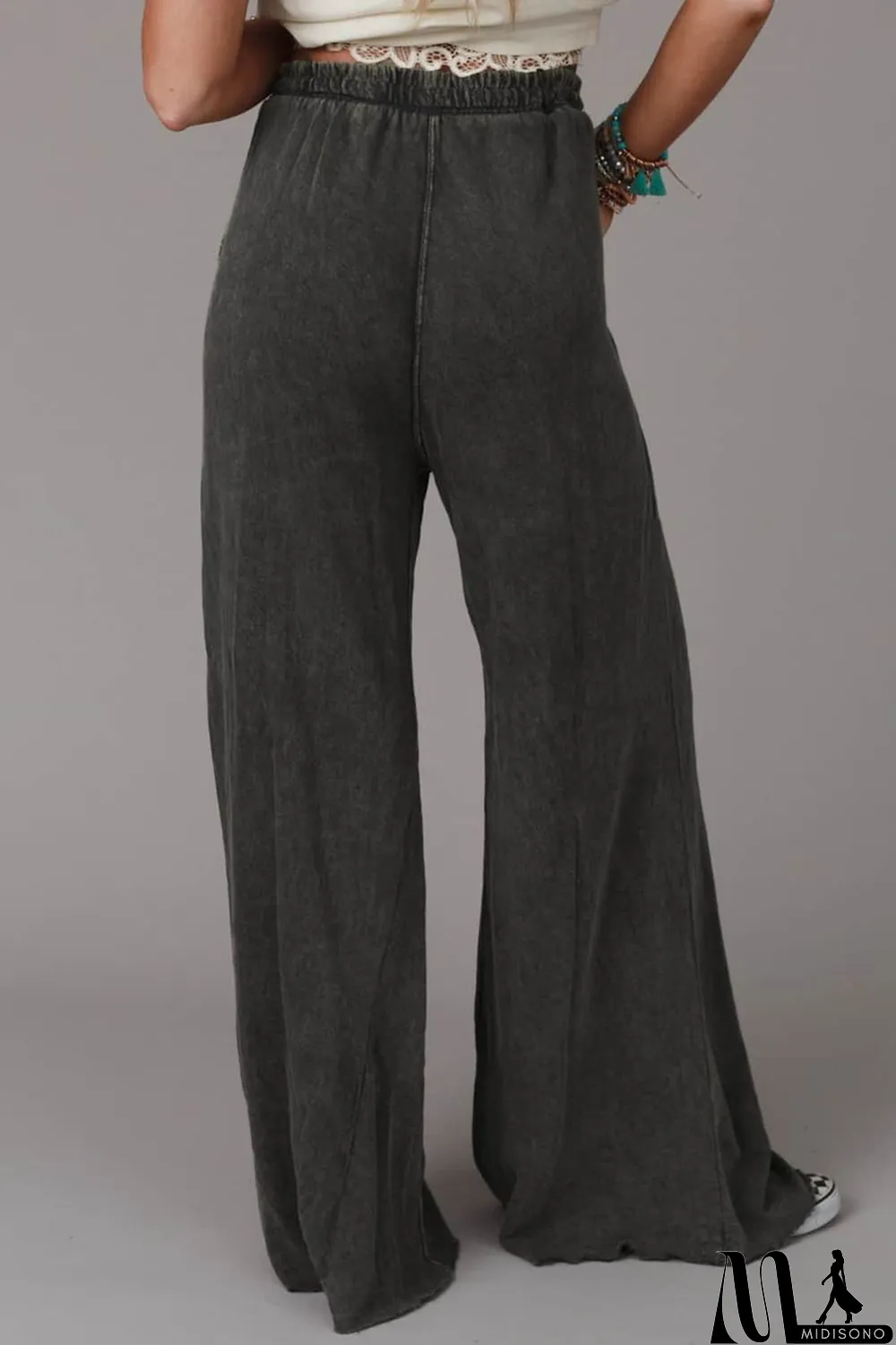MidiSono - Gray Mineral Washed Drawstring Retro Wide Leg Pants