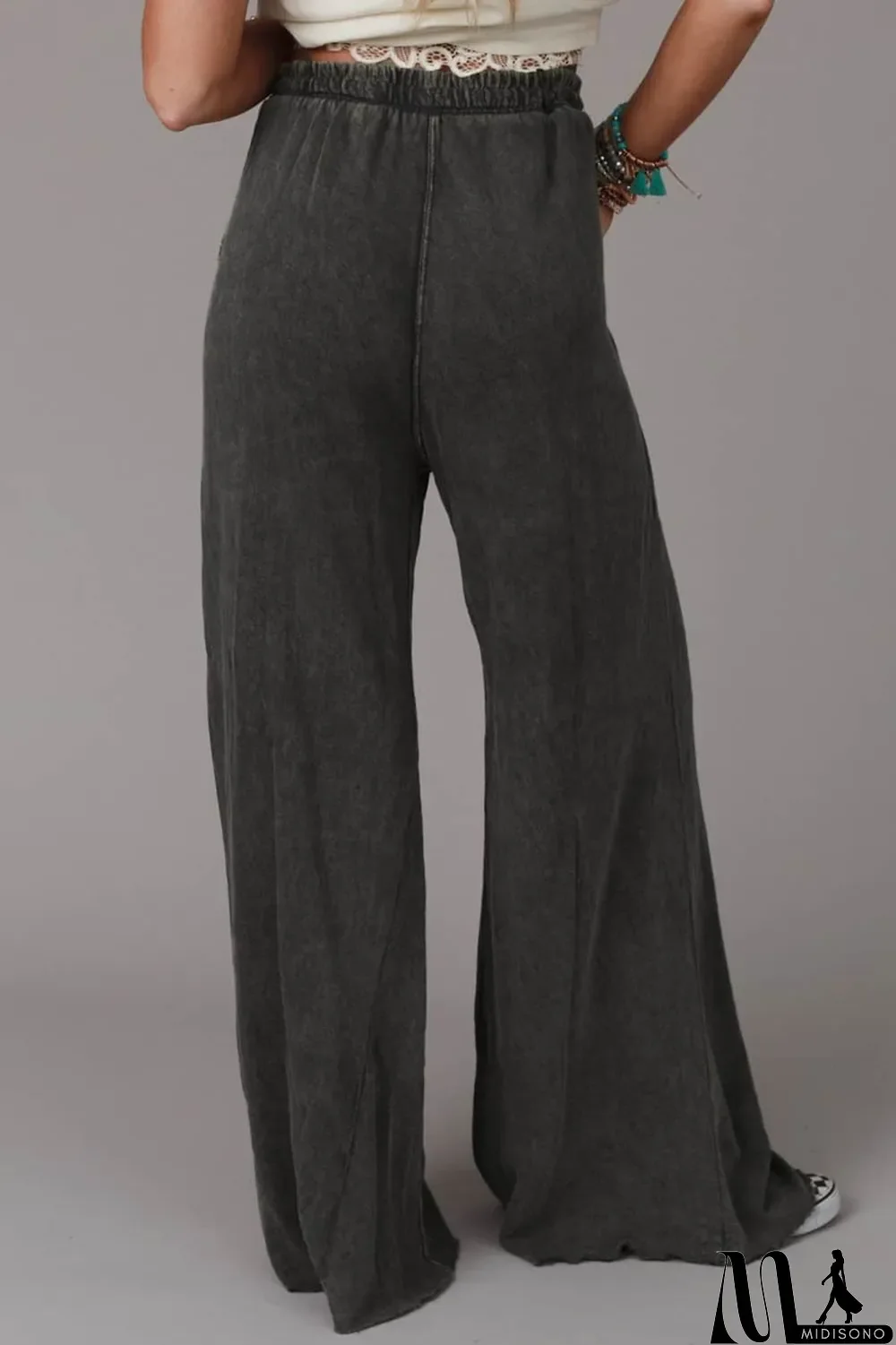 MidiSono - Gray Mineral Washed Drawstring Retro Wide Leg Pants