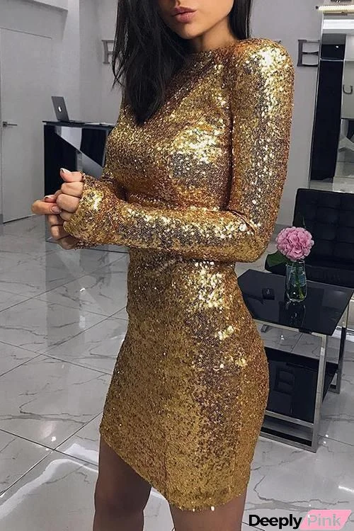 Sequin O Neck Long Sleeve Mini Dress