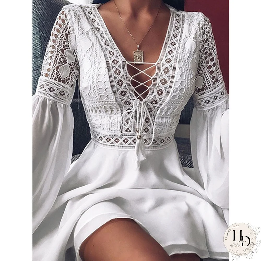 Womens Lace Stitching Lace Up Mini Dress Lantern Long Sleeve V Neck Evening Party Casual Loose Elegant A Line Dress Plus Size