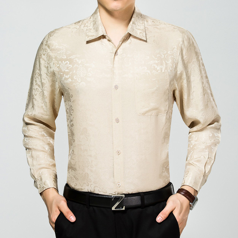 Apricot Jacquard Long Sleeve Silk Shirt