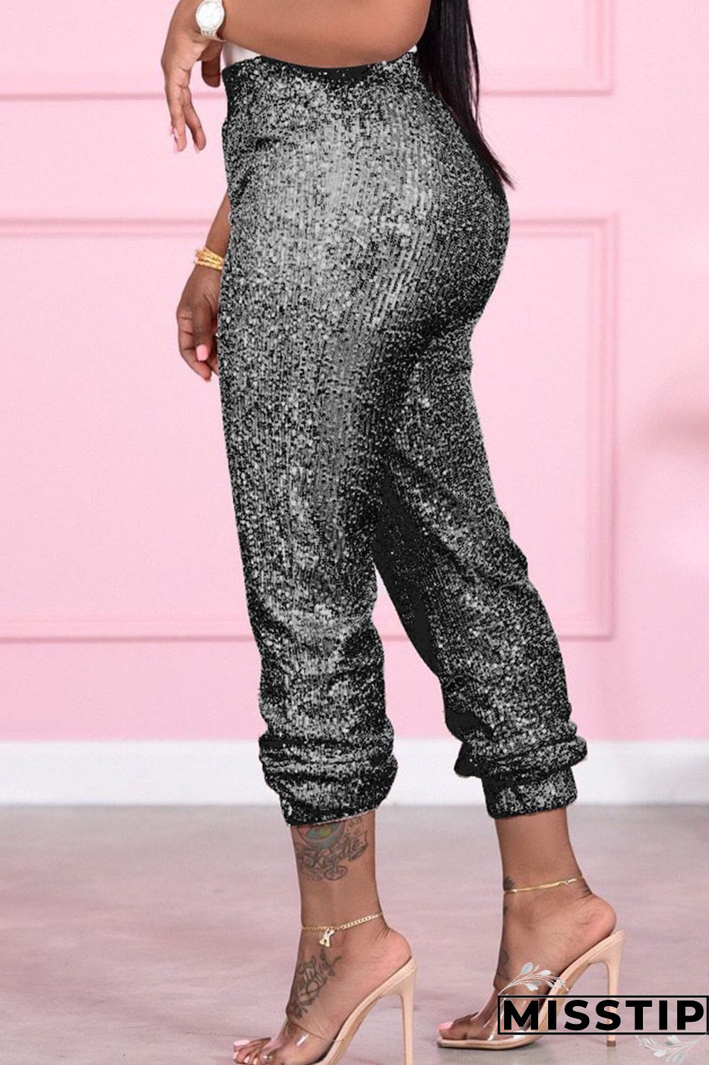 Gold Sexy Solid Sequins Mid Waist Pencil Bottoms