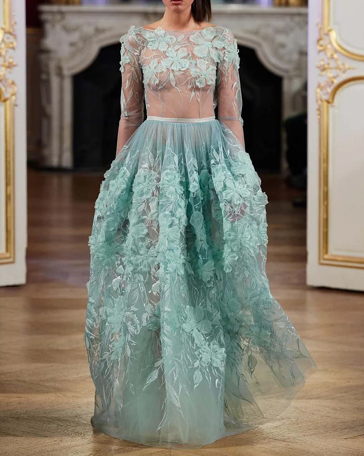 Floral Embroidered Sheer Tulle Dress Gown