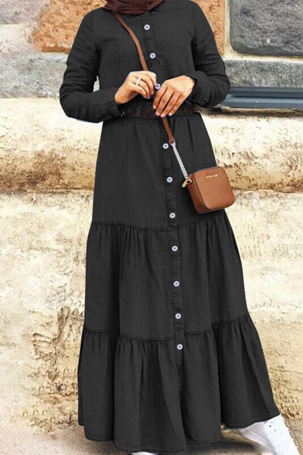 Plus Size Everyday Blue Denim Stand-Up Collar Long Sleeve Button Up Tiered Maxi Dress 2024 - Flycurvy 