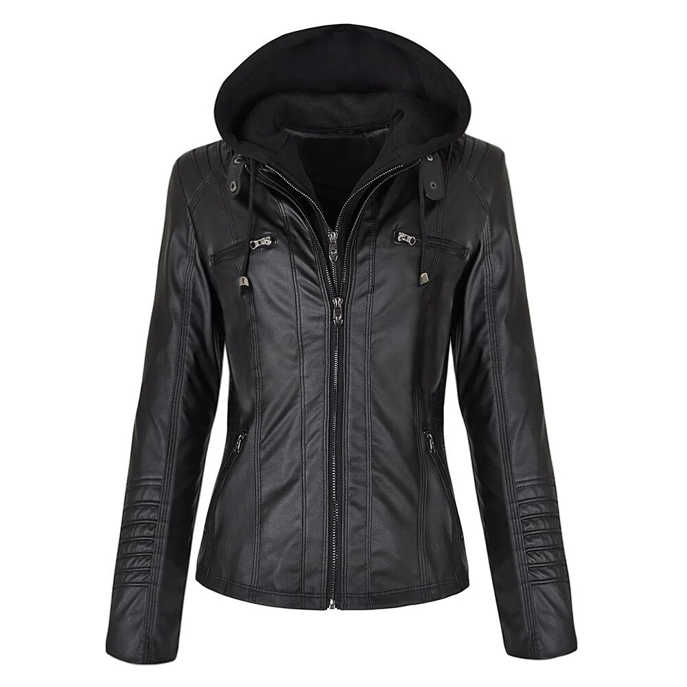 Motorcycle Leather Jacket Women Autumn Classic PU Leather Zipper Jacket Coat Streetwear Gothic Slim Collar Hooded Female Outwear