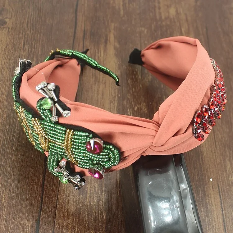 Exaggeration Handmade Green Beaded Headband Red Clear Crystal Rhinestone Center Cross Headwear For Women Luxury Hair Accessories