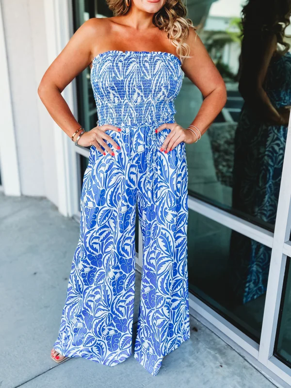 Floral Print Off Shoulder Smocked Jumpsuit