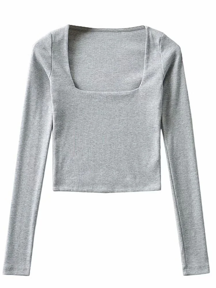 Women Cotton Ribbed Square Neck Crop Top With Long Sleeve