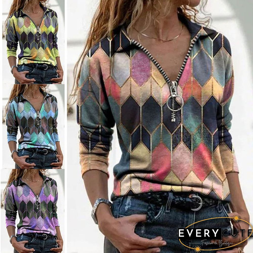 Womens Fashion Printed V-neck Long Sleeve Shirts Casual Zipper Turn-down Collar Cotton