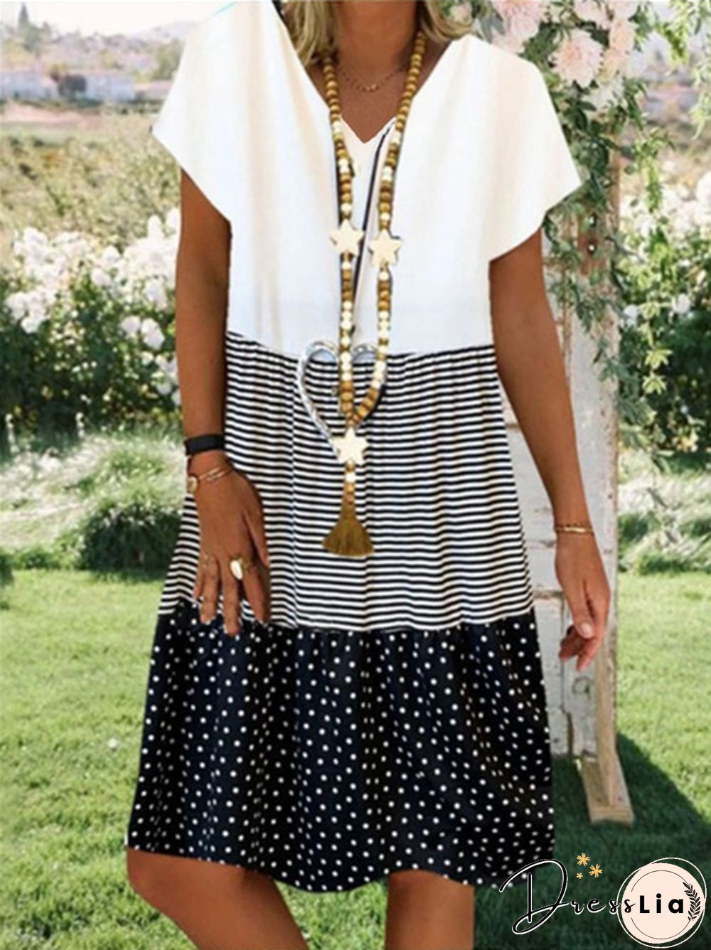 Women's Fashion Plus Size Casual Short Sleeve Loose Summer Print V-neck Dress