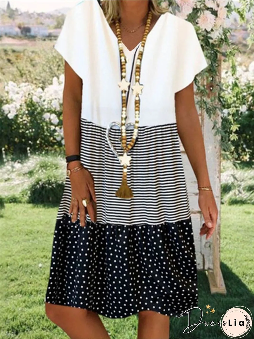 Women's Fashion Plus Size Casual Short Sleeve Loose Summer Print V-neck Dress