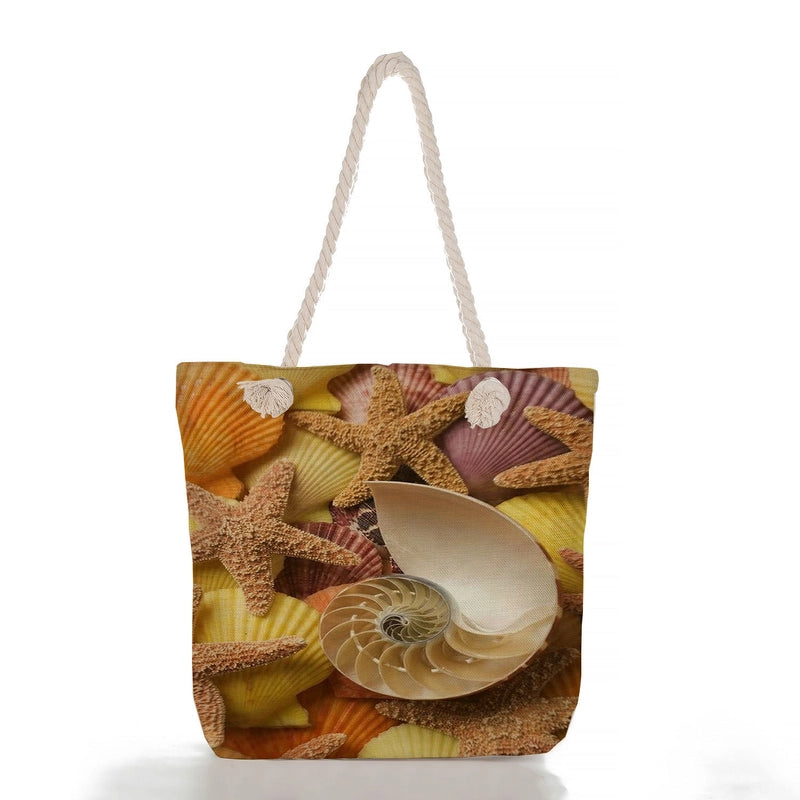 Women’s Medium Linen Starfish Beach Shell Beach Classic Style Square Zipper Tote Bag Beach Bag