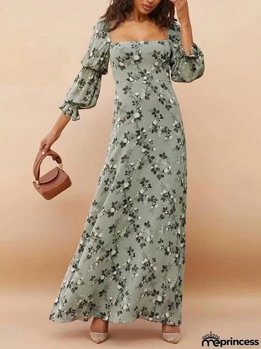 Vintage Ditsy-floral Square Collar Maxi Dress