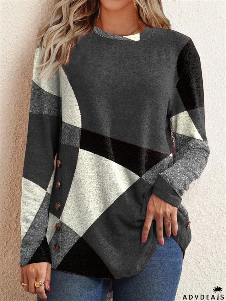 Geometric Contrast Color Long Sleeve Side Button Female T-shirts