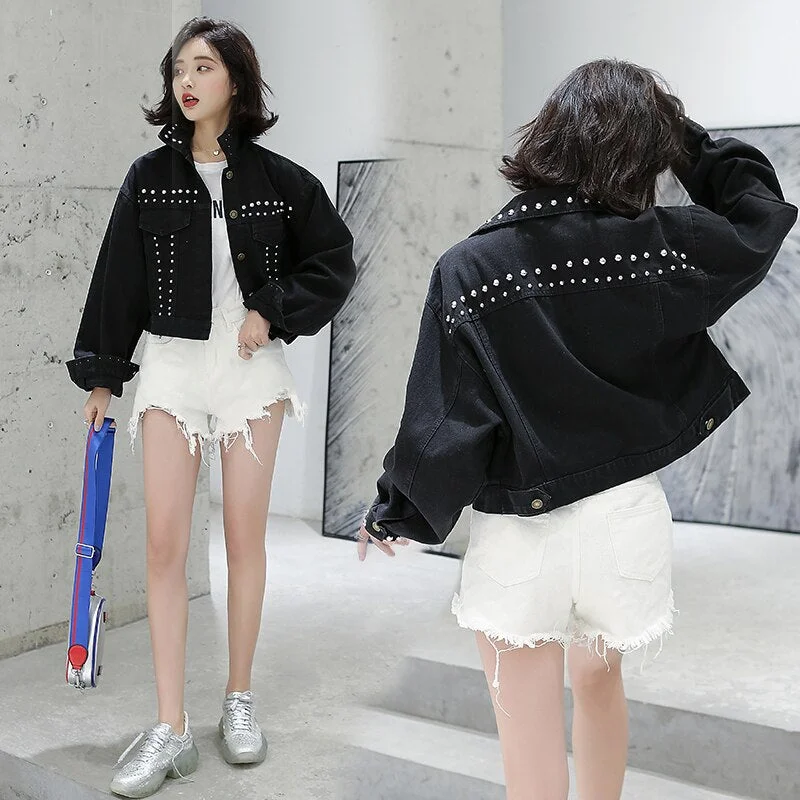 Denim Jacket Jeans Coats Women 2019 Autumn Vintage Rivets Black Jaqueta Feminina Casacas Casual Woman Short Bomber Jeans Jacket