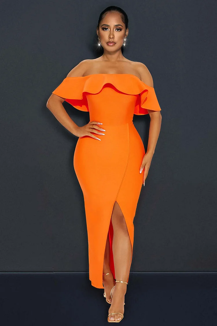 Off Shoulder Bandeau Slim-Fit Split Party Maxi Dresses-Orange [Pre Order]
