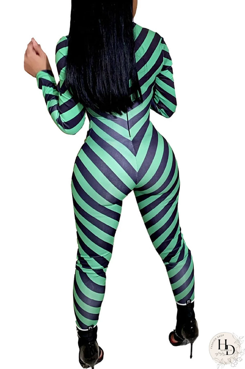 Green Fashion street Striped Milk. Long Sleeve O Neck Jumpsuits