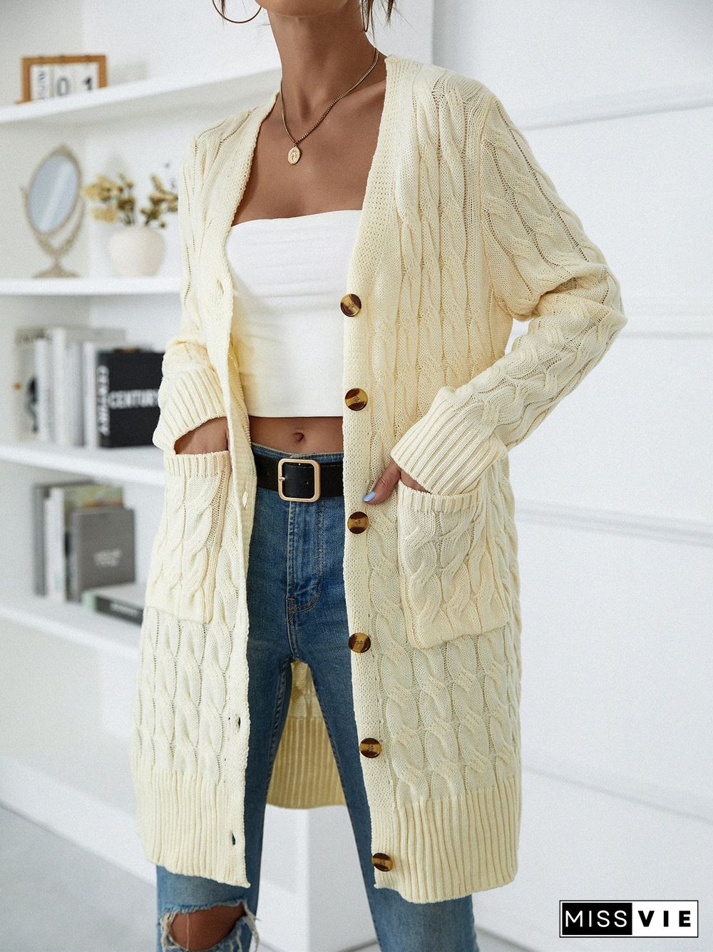 Women's Long Sleeve V-neck Pockets Sweater Tops