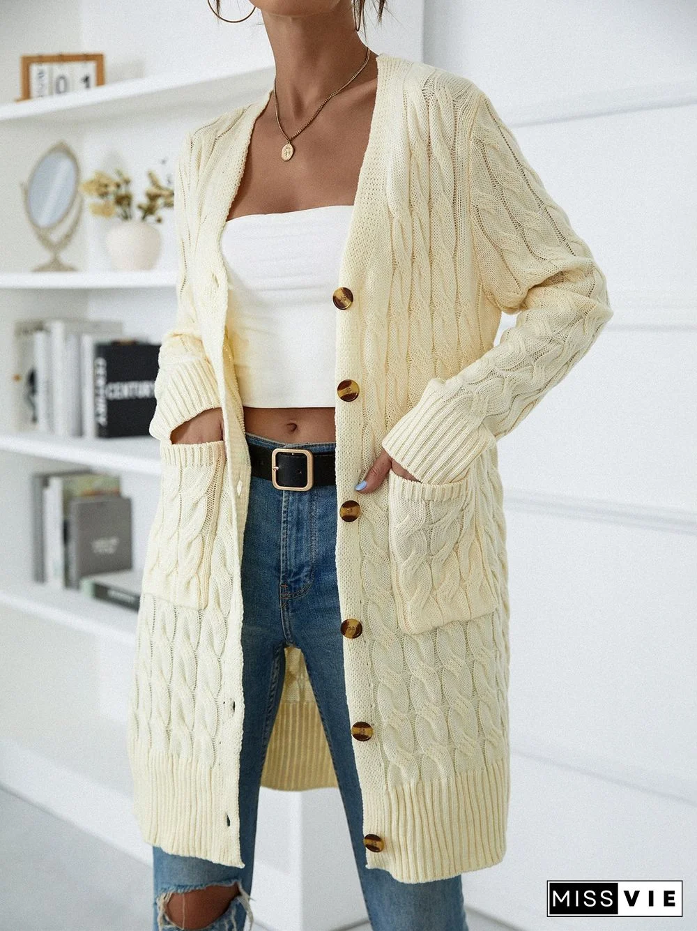 Women's Long Sleeve V-neck Pockets Sweater Tops