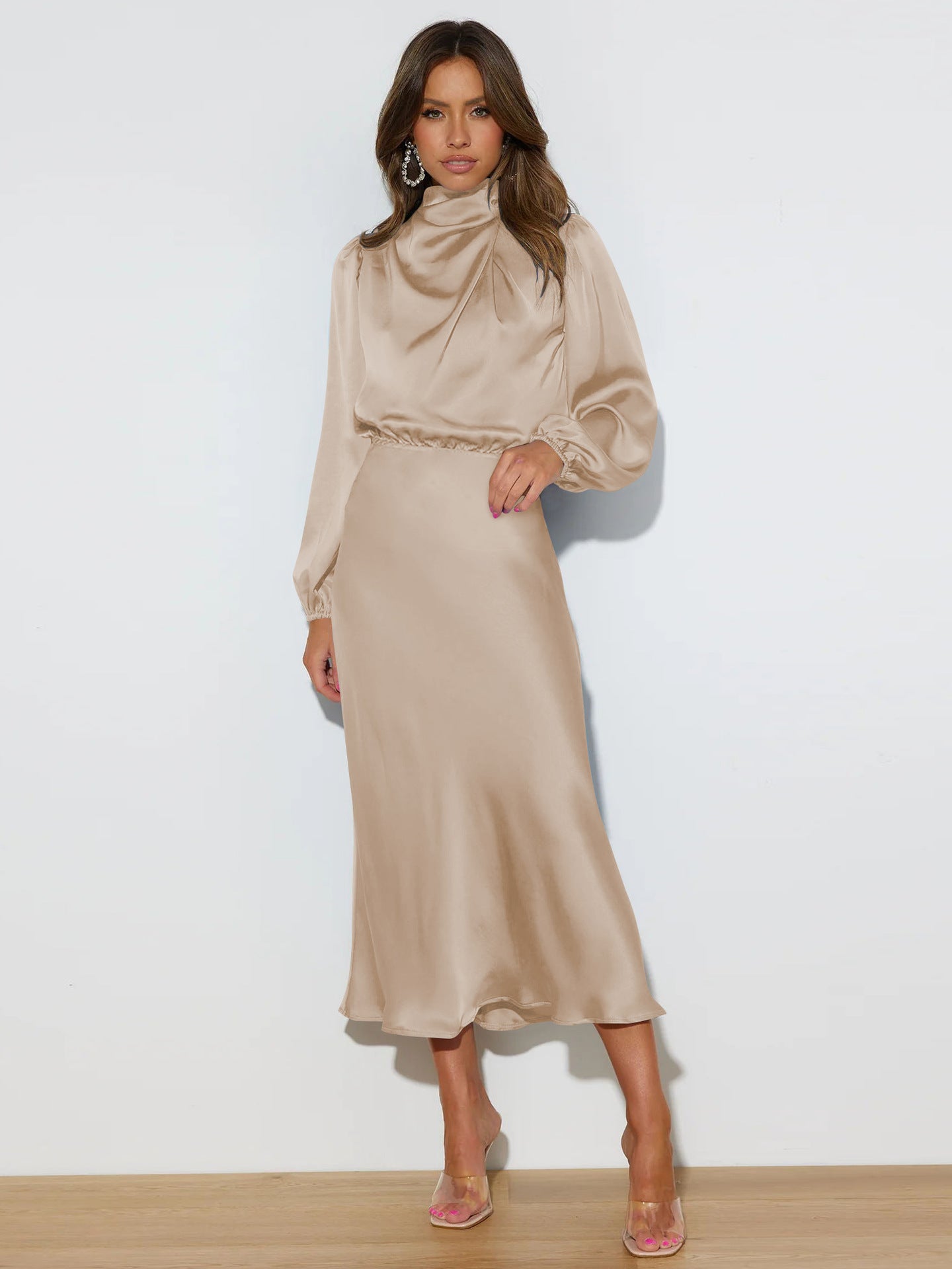 Autumn High Grade Satin Long Sleeve Loose Dress Elegant Women  Dress Evening Dress