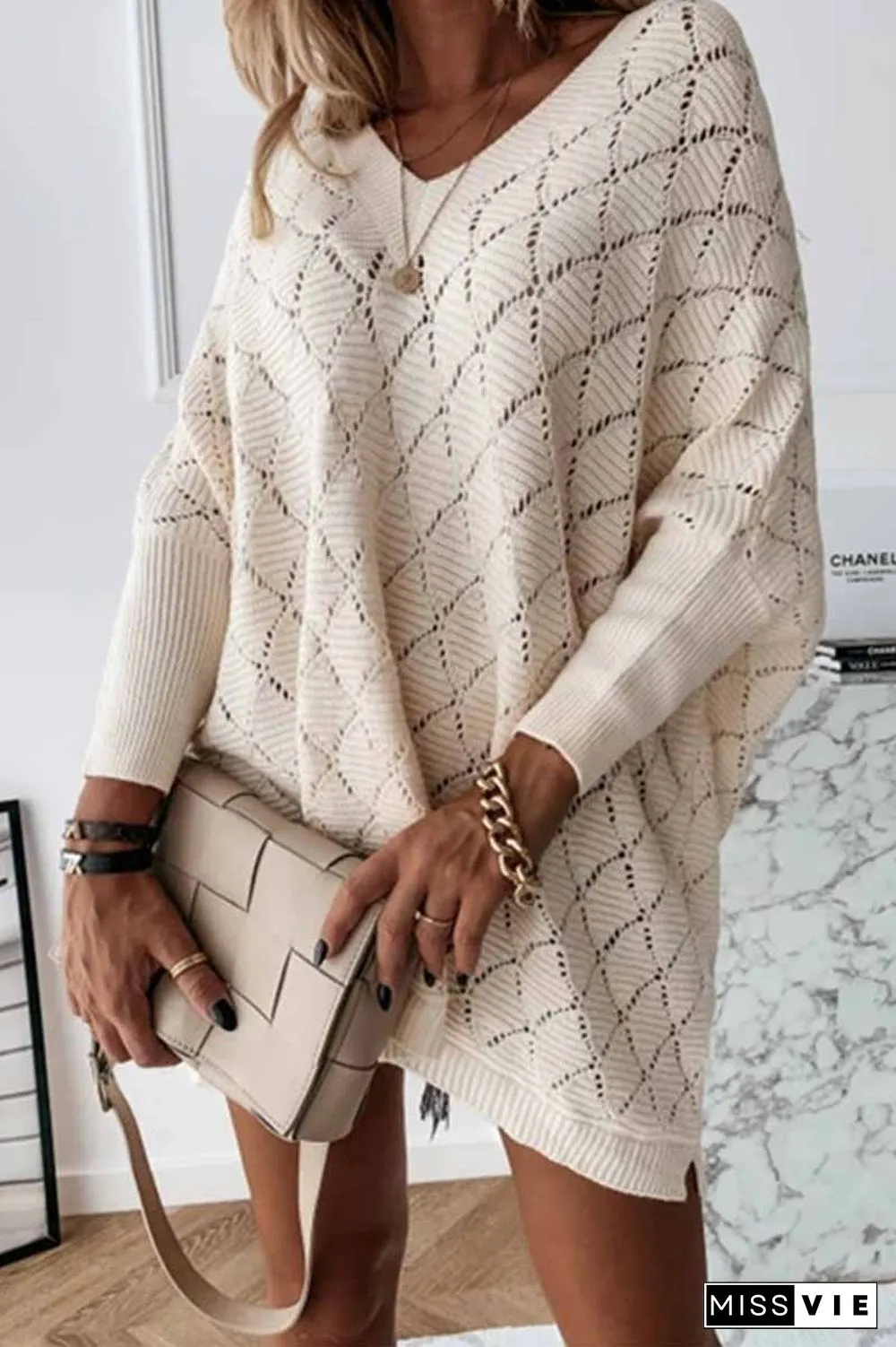 V-Neck Solid Color Hollow Bat Sleeve Sweater