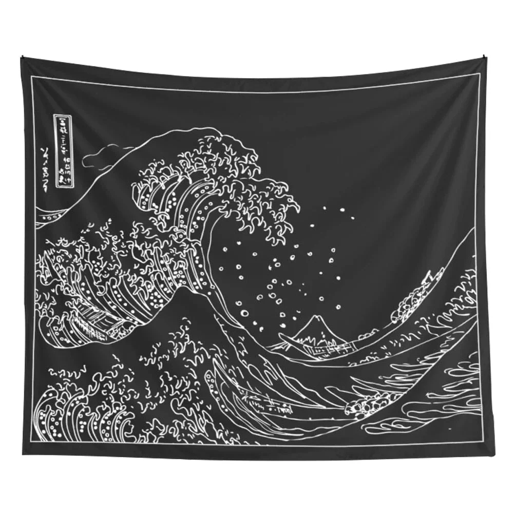 Retro Japanese Kanagawa Wave Black and White Wall Hanging Tapestry Japanese TapestriesSurfing Wall HangingVintage Art  tapestry