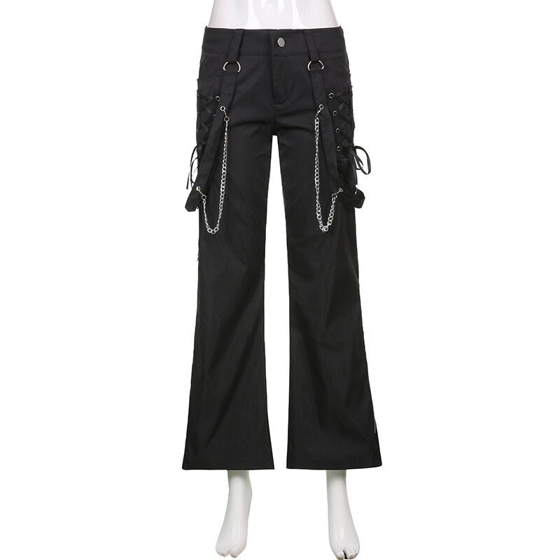 Sweetown Black Goth Girl Streetwear Cargo Pants Women Dark Academic Techwear Cross Tie Up Low Waist Punk Style Wide Leg Pants