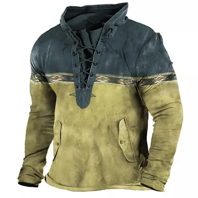 Vintage Contrast Color Geo Pattern Lace-up Hoodie
