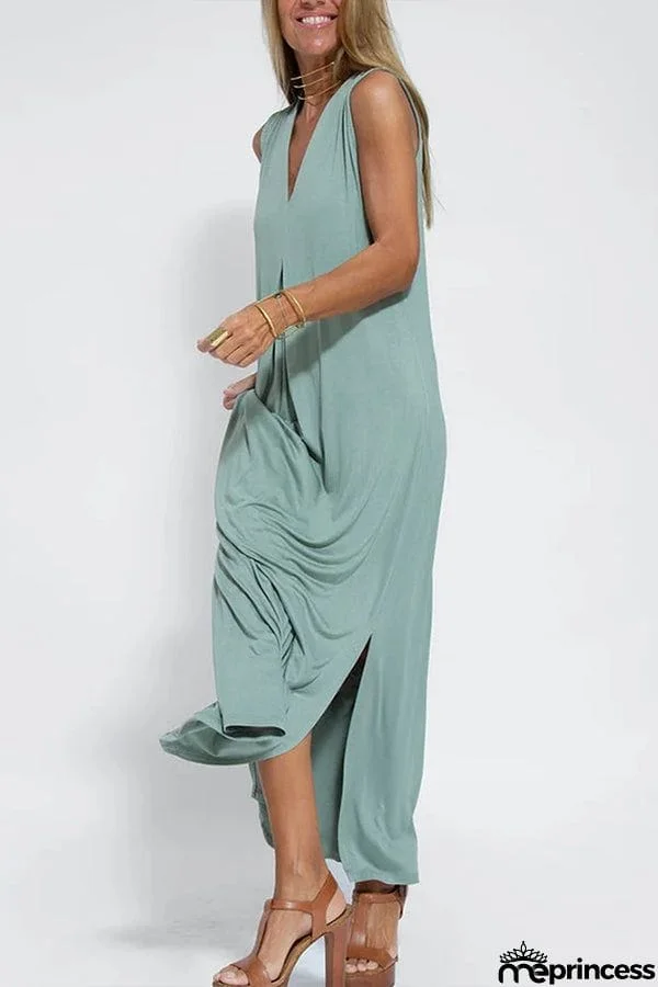 Women Casual Solid Color Sleeveless Maxi Dress