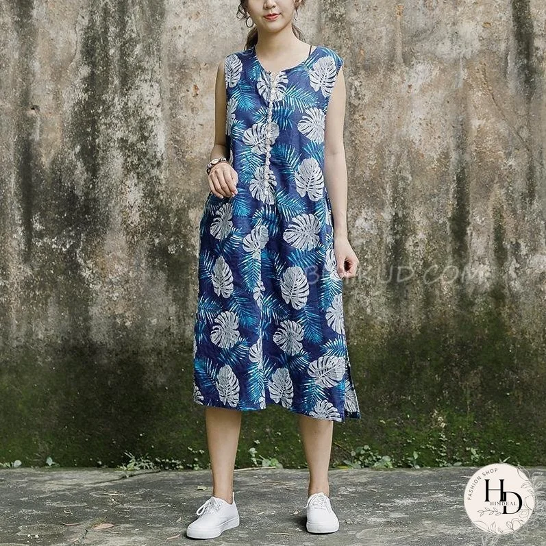 Sleeveless Round Neck Leaves Pattern Navy Blue Dress