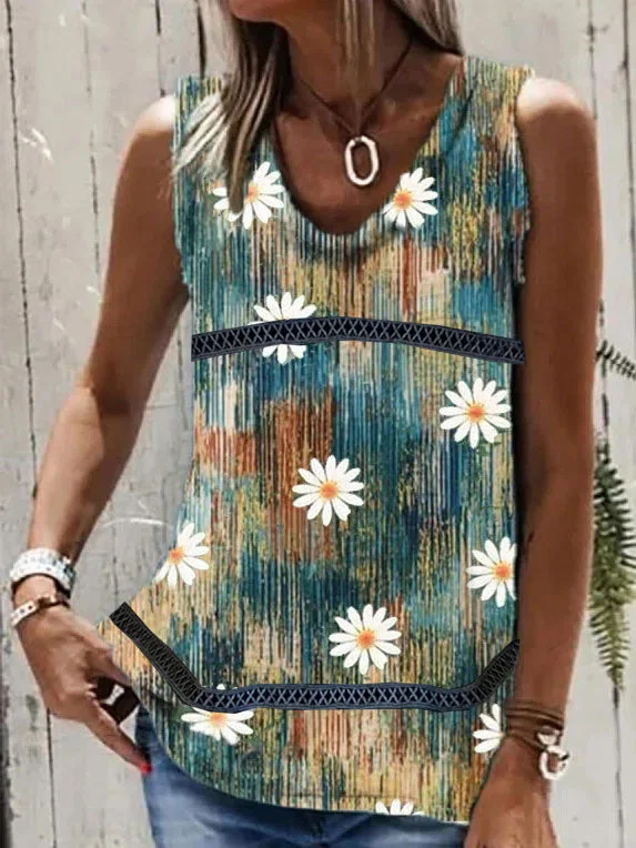 Women's Summer V-neck Printed Casual Loose Sleeveless Top