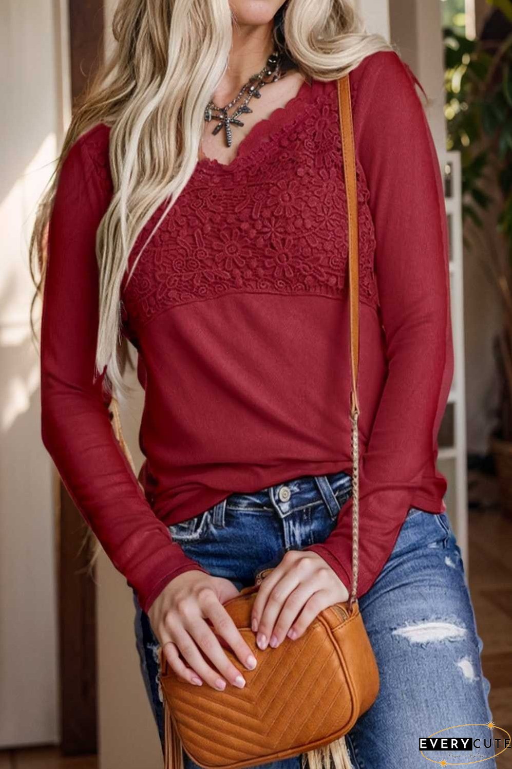 v neck printed casual blouse with long sleeves
