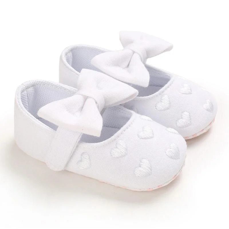 Infant Baby Girl Crib Shoes Heart Embroidery Anti-Slip Soft Sole Heart Print Mary Jane Flats Cute Bow First Walkers