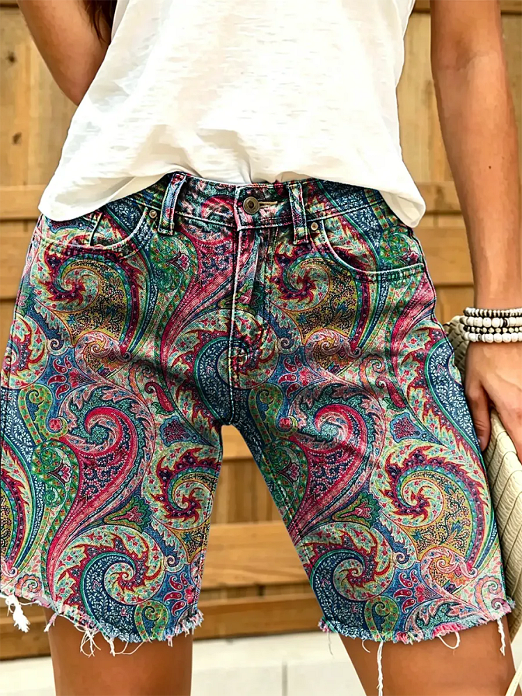 Ethnicity Geometry Totem Colorful Women's Art Print Casual Denim Shorts
