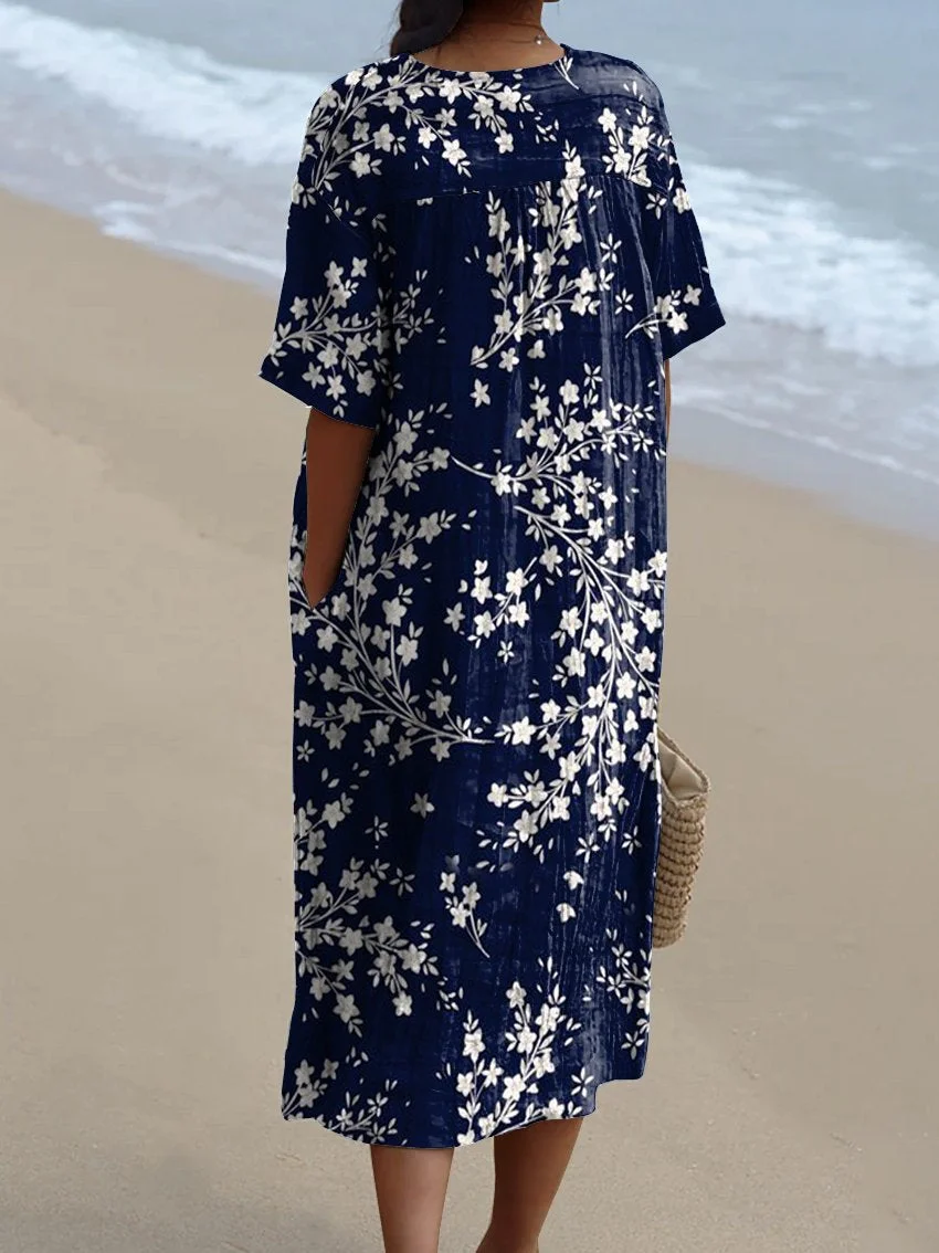 Women's Navy Blue Background and White Background Print Pocket Linen Dress