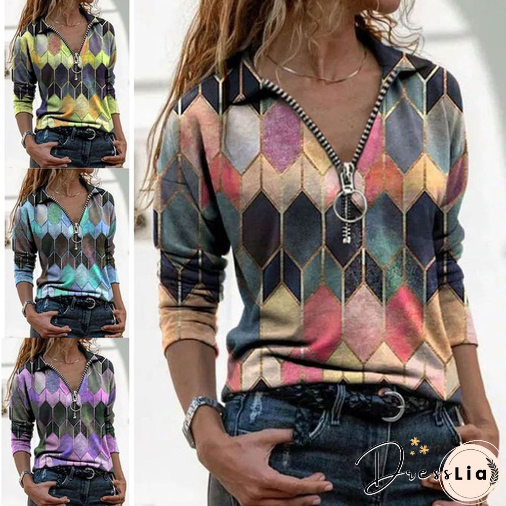 Women's Fashion Printed V-neck Long Sleeve Shirts Casual Zipper Turn-down Collar Cotton Tunic Tops Ladies Daily Spring Autumn Plus Size Blouses Loose Pullover T-shirts