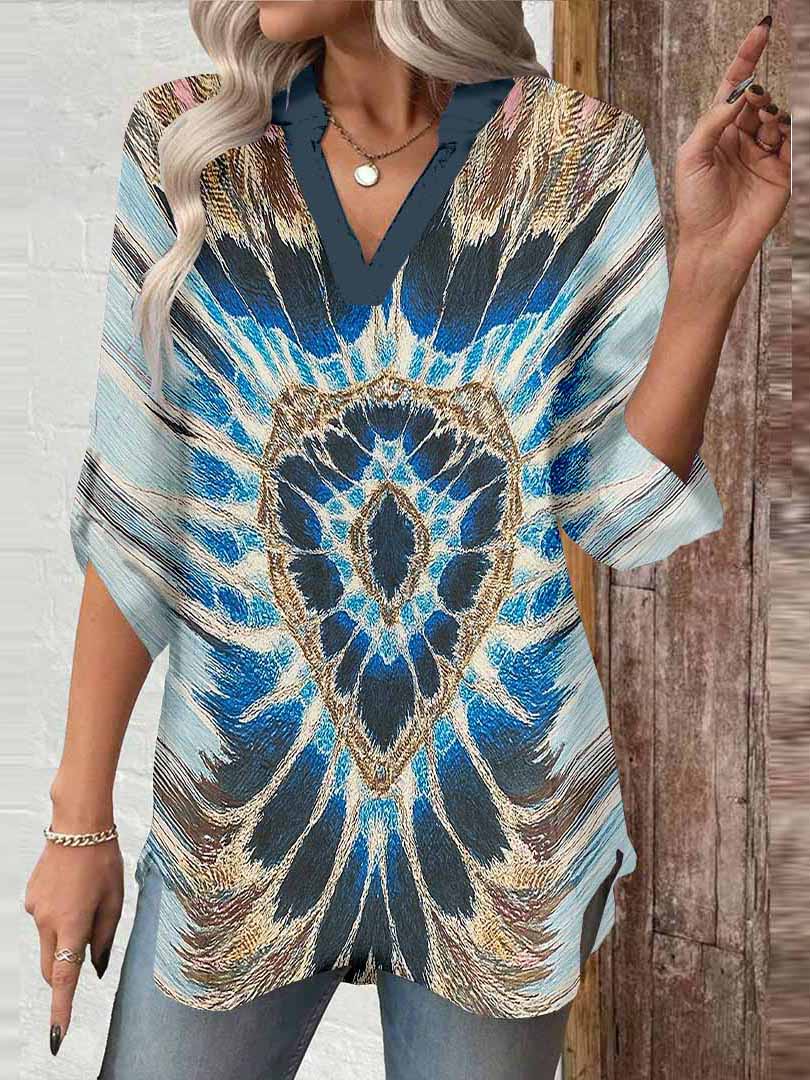 Women Ethnic, Bohemian, Blue, Brown DZGA0483 3/4 Sleeve V-neck Printed Graphic Button Tops