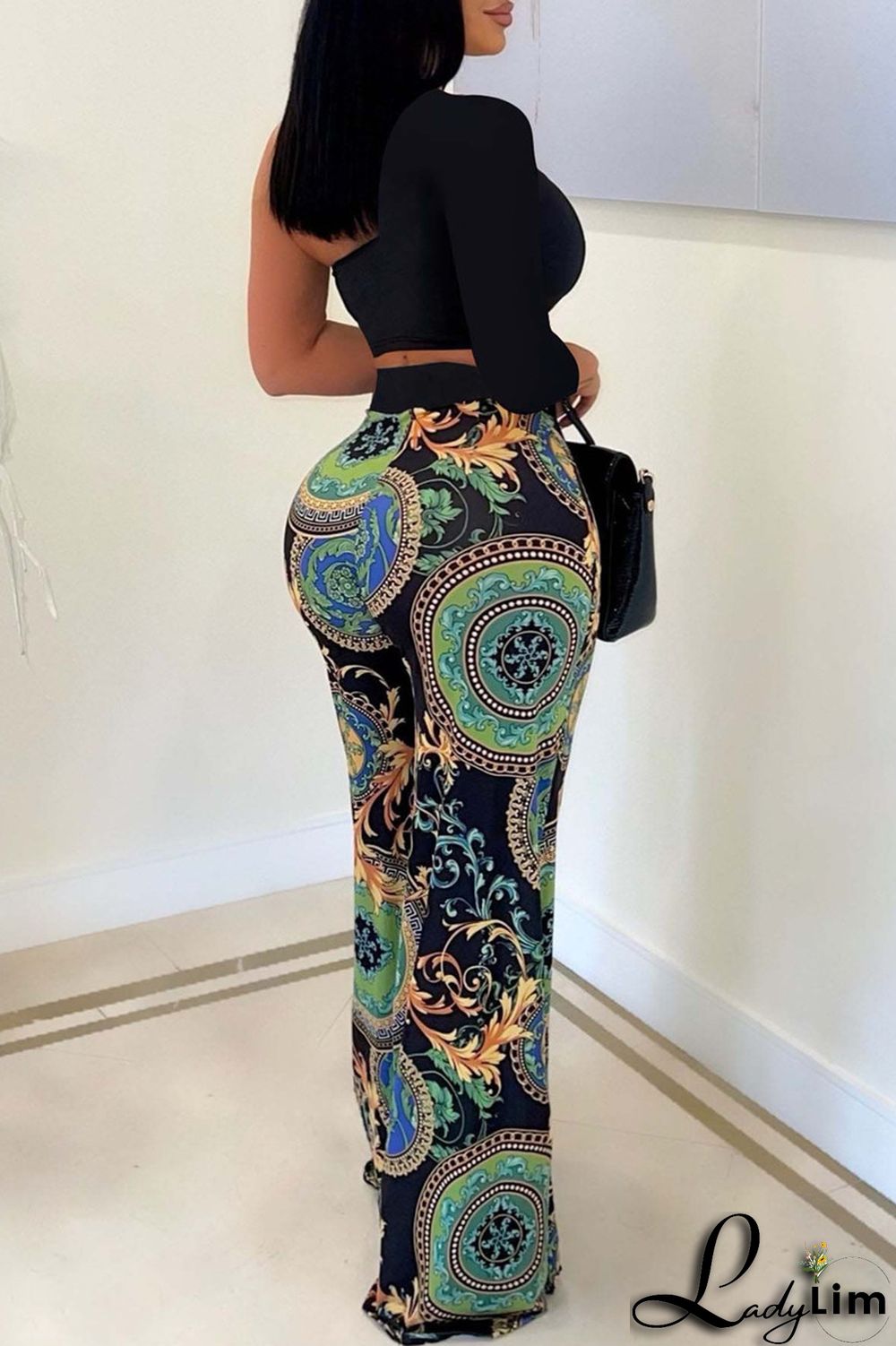 Sky Blue Fashion Casual Print Patchwork Backless Oblique Collar Long Sleeve Two Pieces
